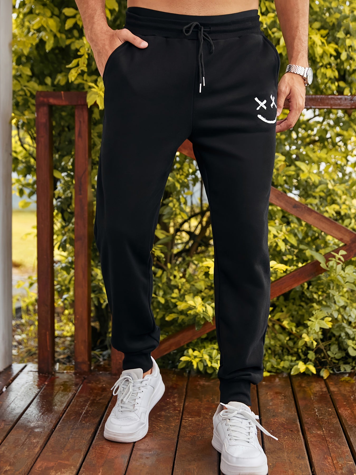 Men's Smiling Face Graphic Drawstring Sweatpants for Exercise