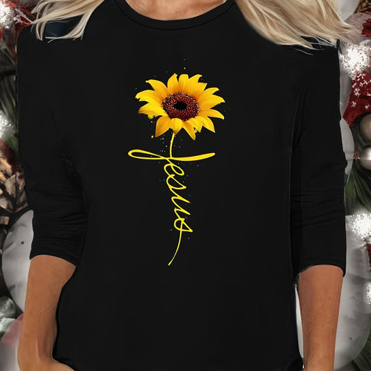 Sunflower Print Lounge Top Long Sleeve Crew Neck Women's Loungewear