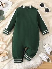 Baby Boy R Letter Patch Embroidered Long Sleeved Jumpsuit