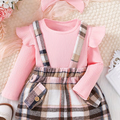 2PCS Toddler Baby Girl Outfit Long Sleeve Tops & Plaid Suspender Dress Set