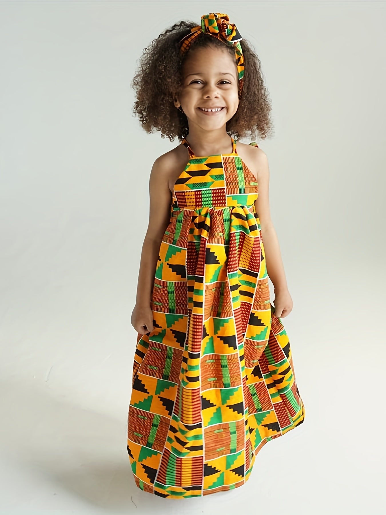 2pc Toddler Girls Boho Abstract Graphic Backless Cami Dress & Headband Set