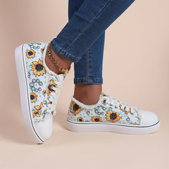 Sunflower Print Canvas Lace Up Sneakers Women