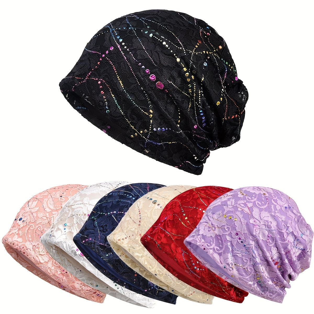 Hotfix Rhinestone Embossed Lace Beanie Hat Solid Skull Cap
