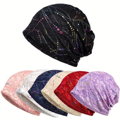 Hotfix Rhinestone Embossed Lace Beanie Hat Solid Skull Cap