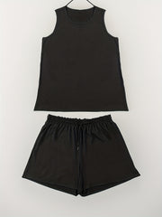 Solid Round Neck Loungewear Set Tank Top & Shorts Pajama Two Piece Set