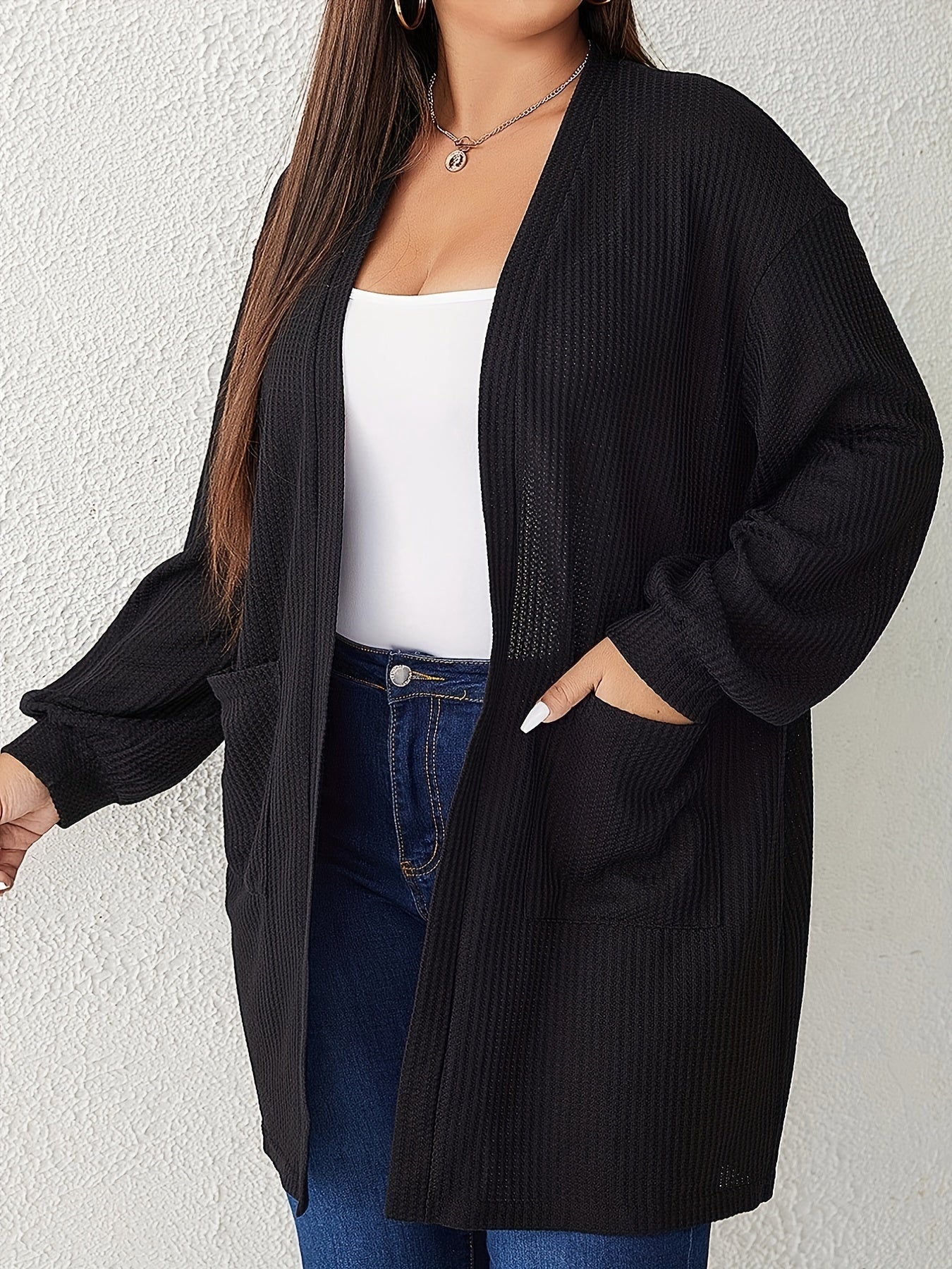 Solid Waffle Pattern Long Sleeve Open Front Cardigan