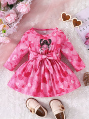 Baby Girls Cartoon Heart Print Long Sleeve Pleated Dress For Spring And Autumn