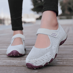 Women's Breathable Knit Sneakers Casual Hook & Loop Strap Shoes Grey & Purple