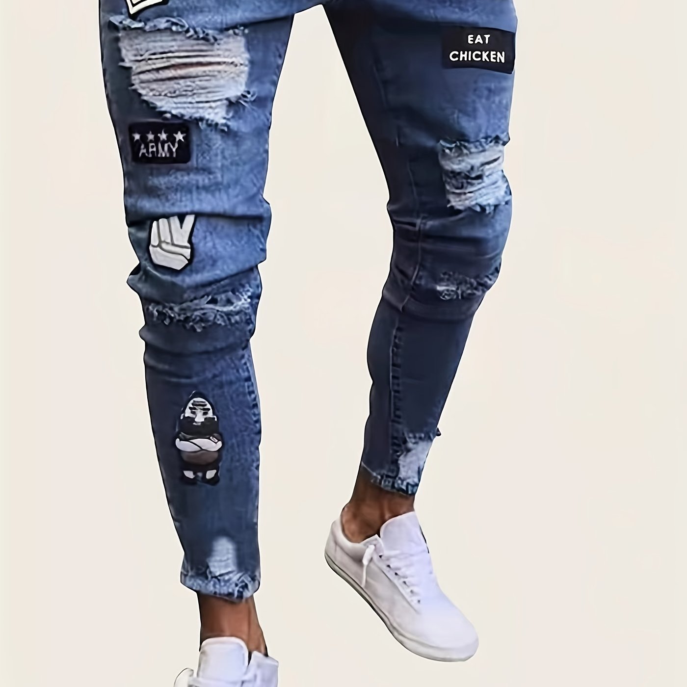 Slim Fit Ripped Patchwork Jeans Mens Casual Street Style Mid Stretch Denim Pants
