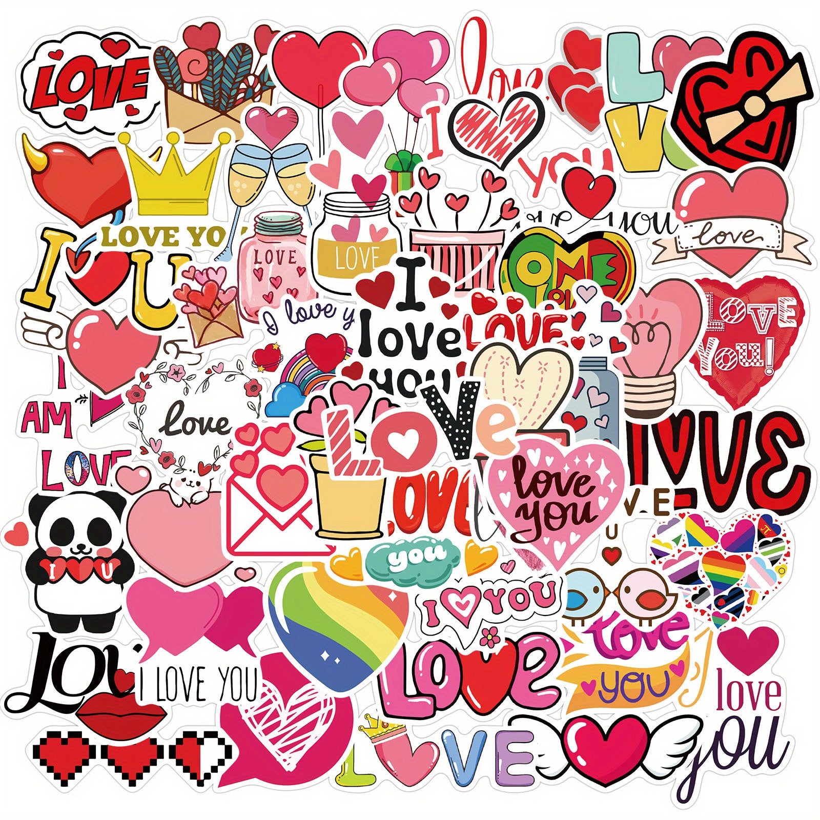 50pcs Love Stickers Hearts I Love You for Laptops Bottles Phones Cars