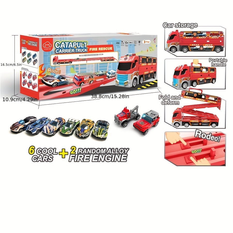 Construction Vehicle Transport Truck & Fire Engine Carrier Toy Set