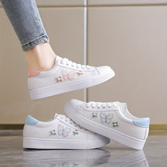 Women's Butterfly Flat Skate Shoes Faux Pearl Decor Low Top Sneakers