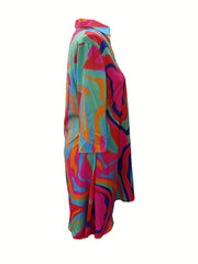 Abstract Print Long Sleeve Dress with Pockets