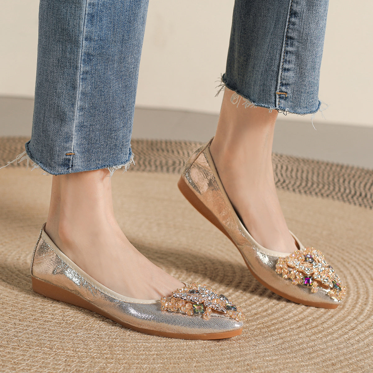 Rhinestone Ballet Flats Pointed Toe Soft Sole Slip On Shoes
