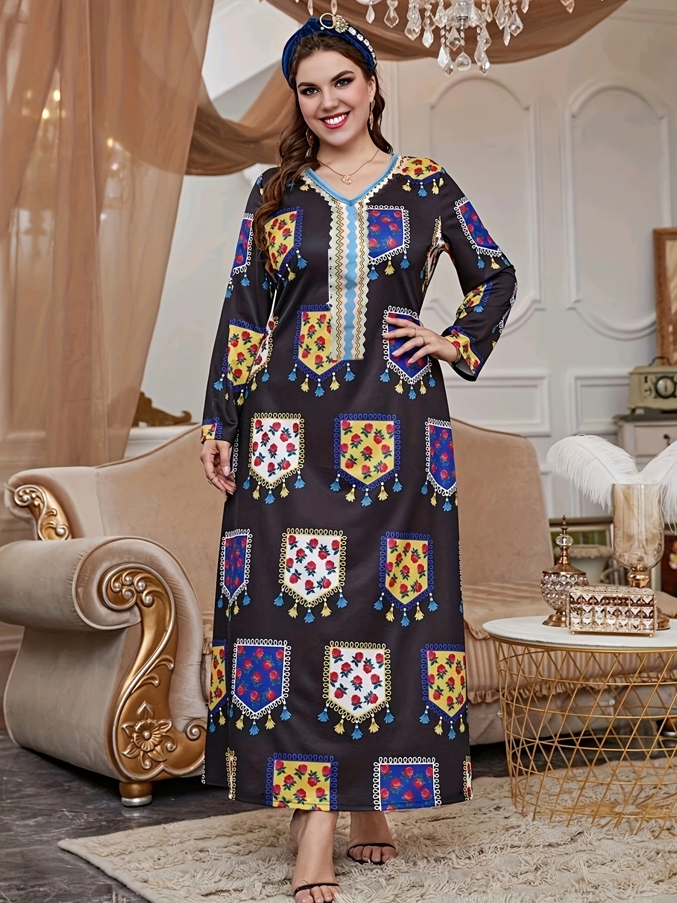 Abaya Dress Women's Plus Floral Print Long Sleeve