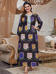 Abaya Dress Women's Plus Floral Print Long Sleeve