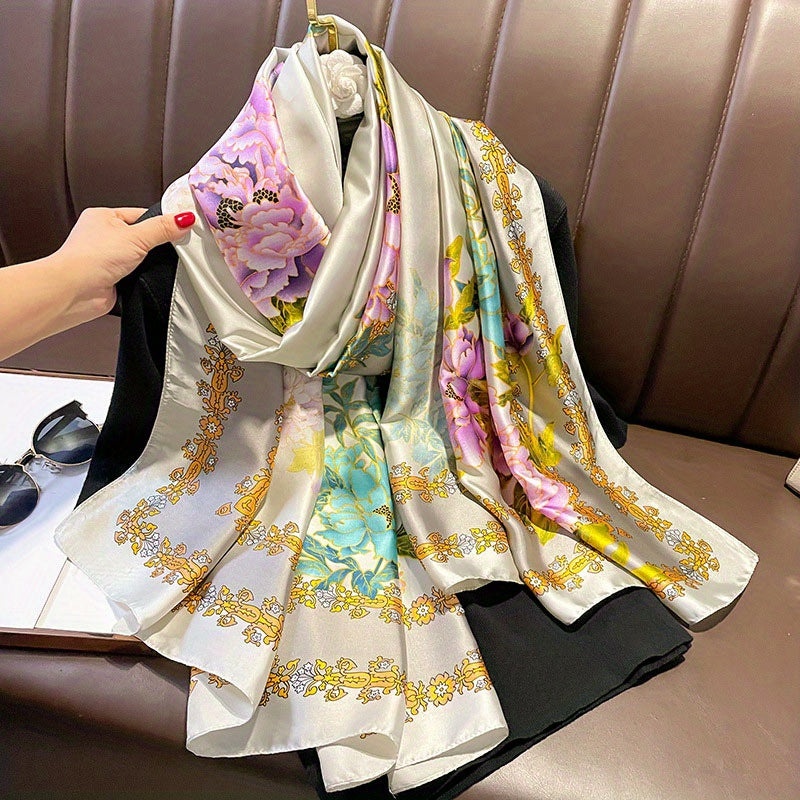 Peony Print Large Satin Scarf Classic Silk Shawl
