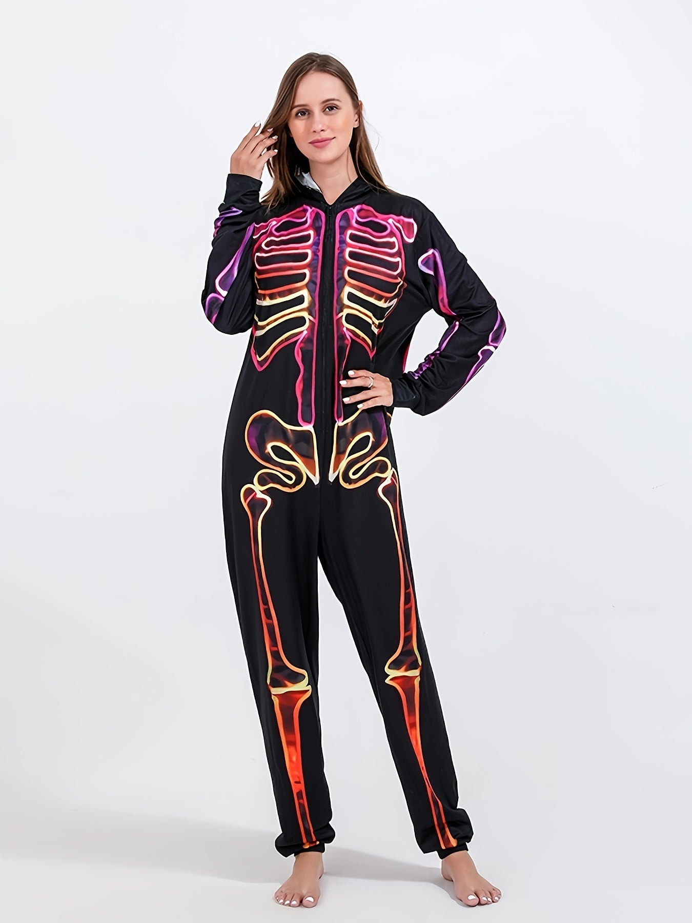 Skull Print Hooded Pajama Romper Long Sleeve Zipper PJ Women's Lingerie