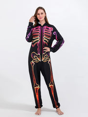 Skull Print Hooded Pajama Romper Long Sleeve Zipper PJ Women's Lingerie