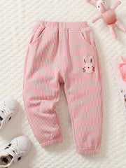 Girls Rabbit Patch Trousers with Stripes Embroidery for Casual Outfit