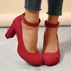 Red Block Heels Buckle Strap Pumps