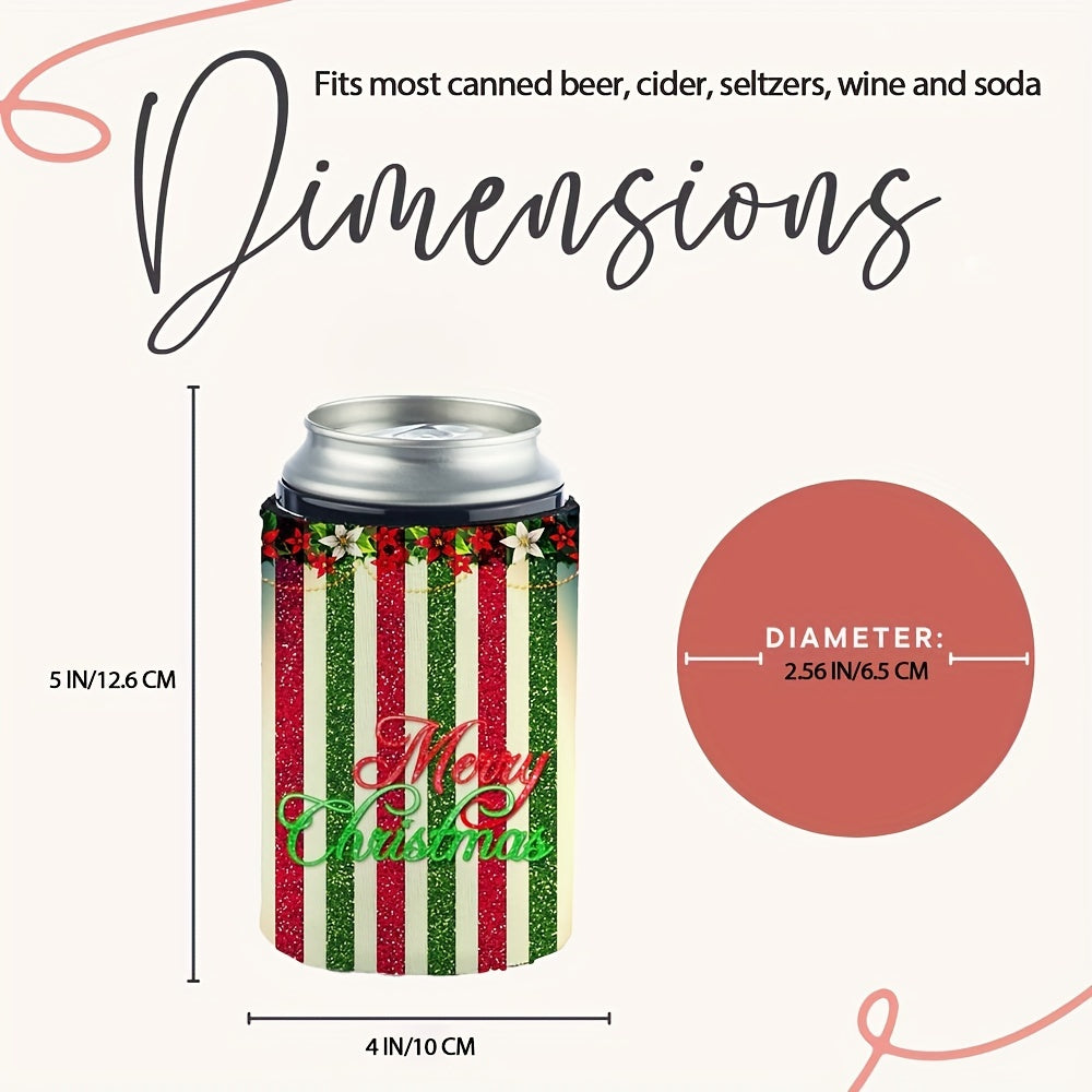 Colorful Vertical Stripes Neoprene Can Cooler - Merry Christmas Print