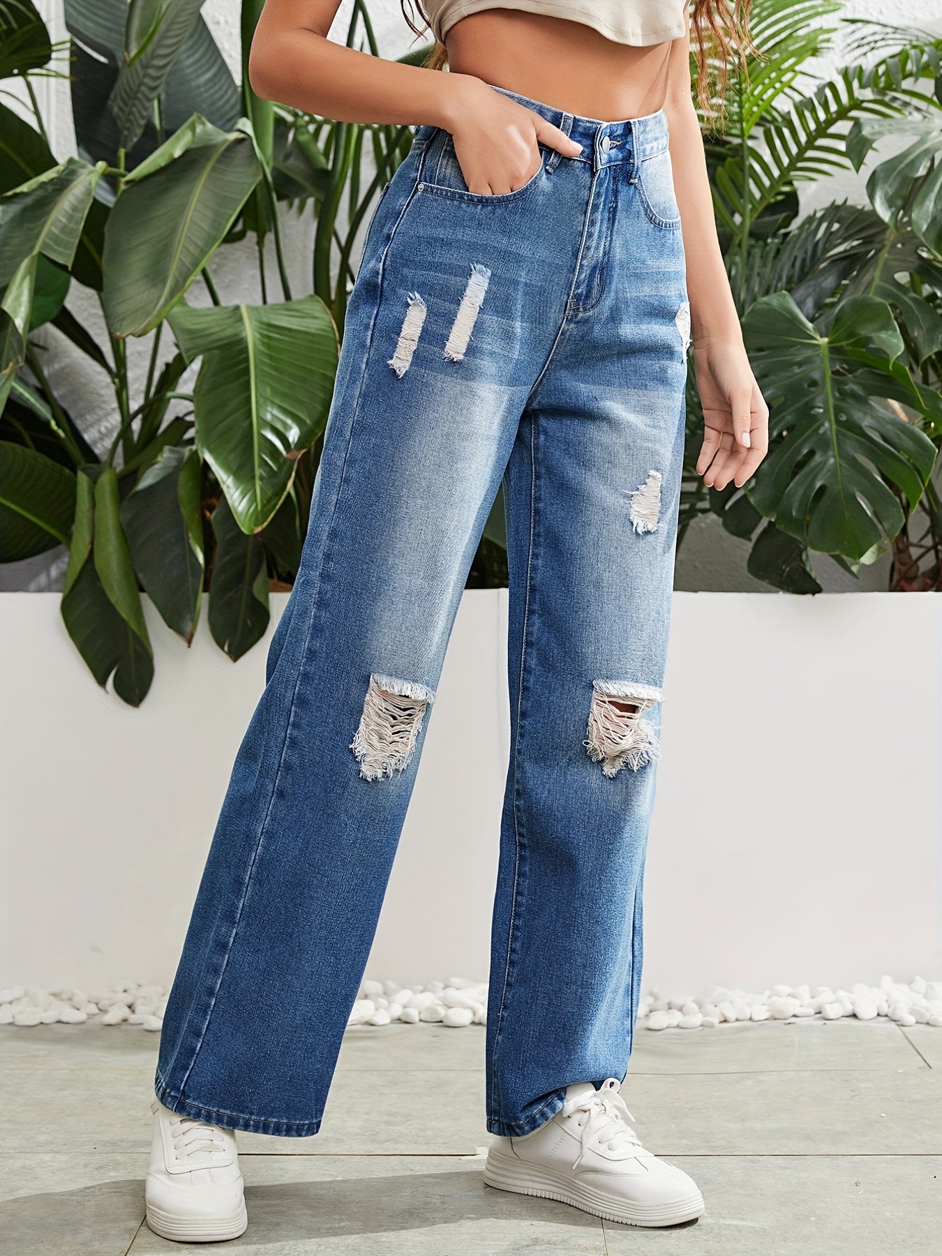 Distressed Straight Leg Jeans High Rise Slash Pocket Denim Pants