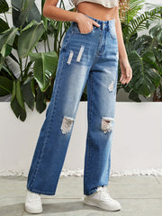 Distressed Straight Leg Jeans High Rise Slash Pocket Denim Pants