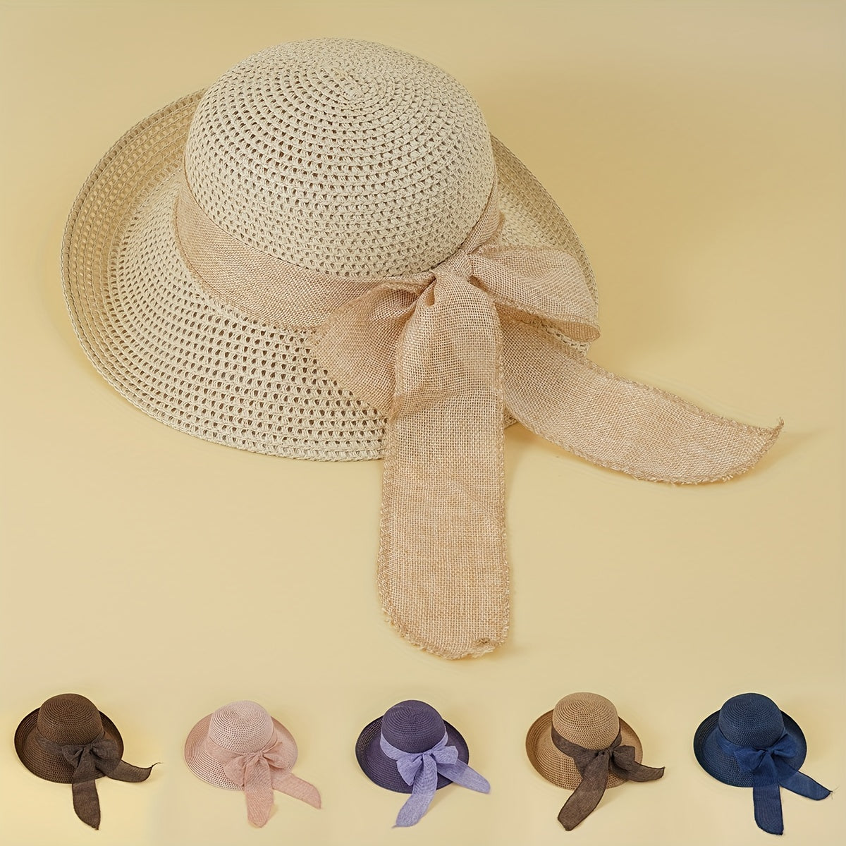 Rolled Brim Crochet Sun Hat Breathable Hollow Straw Hats Bowknot