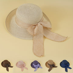Rolled Brim Crochet Sun Hat Breathable Hollow Straw Hats Bowknot