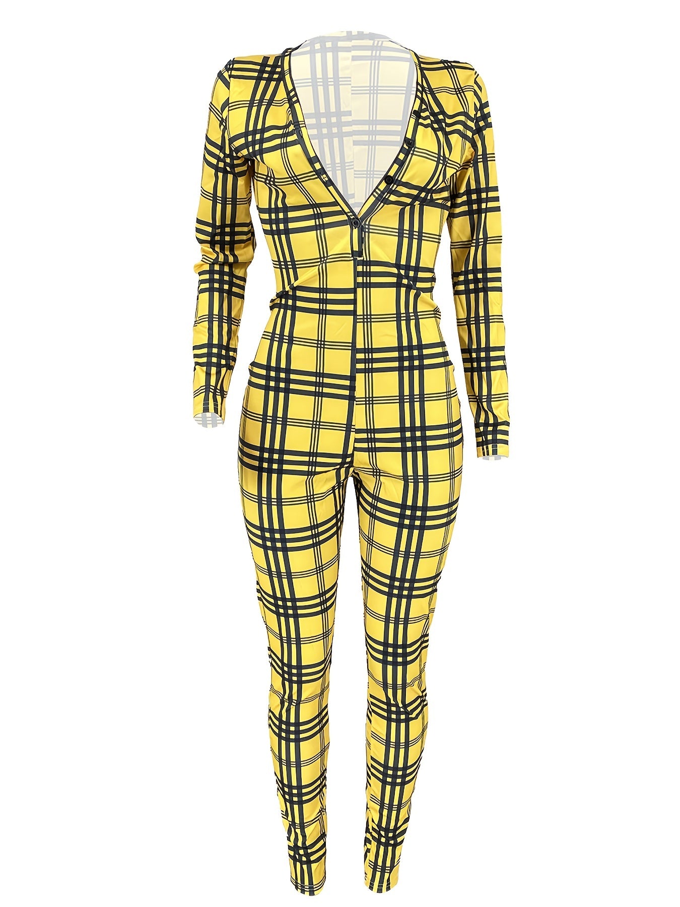 Plaid Skinny V Neck Jumpsuit Casual Long Sleeve Stretchy Jumpsuit