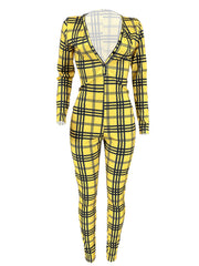 Plaid Skinny V Neck Jumpsuit Casual Long Sleeve Stretchy Jumpsuit
