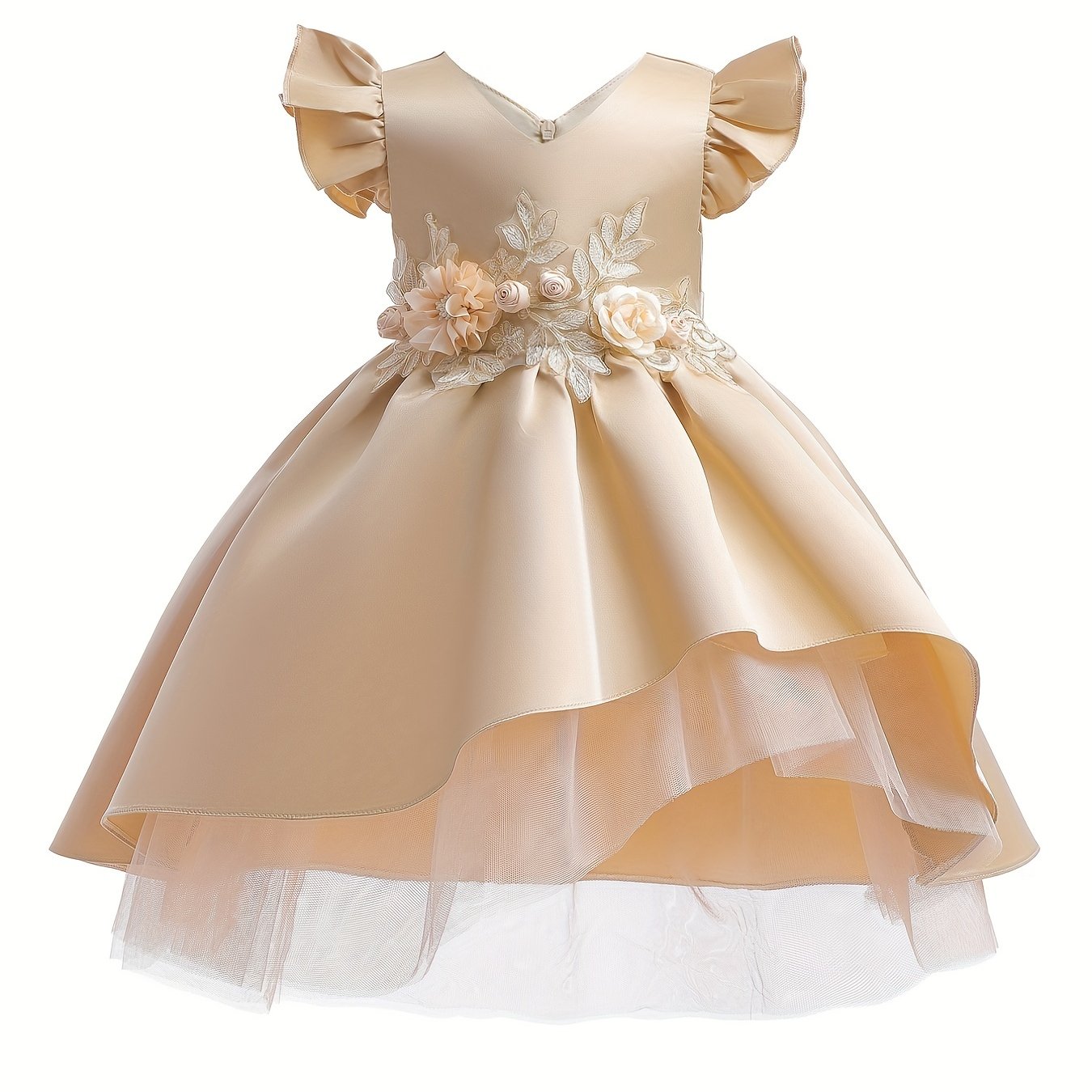 Toddler Girls Ruffle Trim Princess Dress Gown Three dimensional Flowers Embroide
