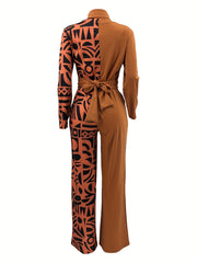 Geometric Print Belted Wide Leg Jumpsuit Spring & Fall