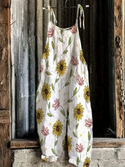 Sunflower Print Tie Shoulder Cami Jumpsuit