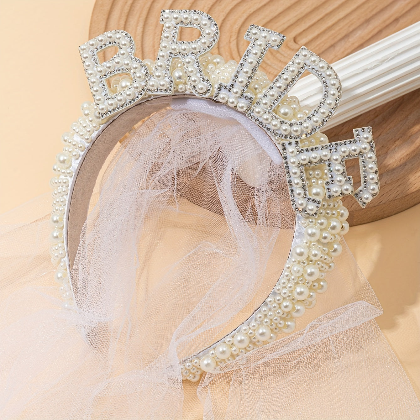 Bridal Headband with Faux Pearl and Rhinestone, Tulle Veil, BRIDE Lettering
