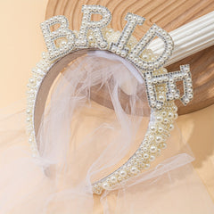 Bridal Headband with Faux Pearl and Rhinestone, Tulle Veil, BRIDE Lettering
