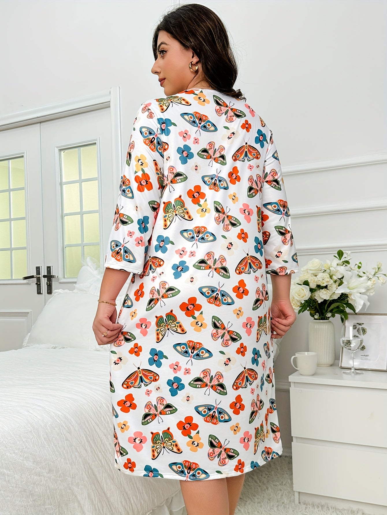 Boho Nightdress Floral & Butterfly Print Three Quarter Sl