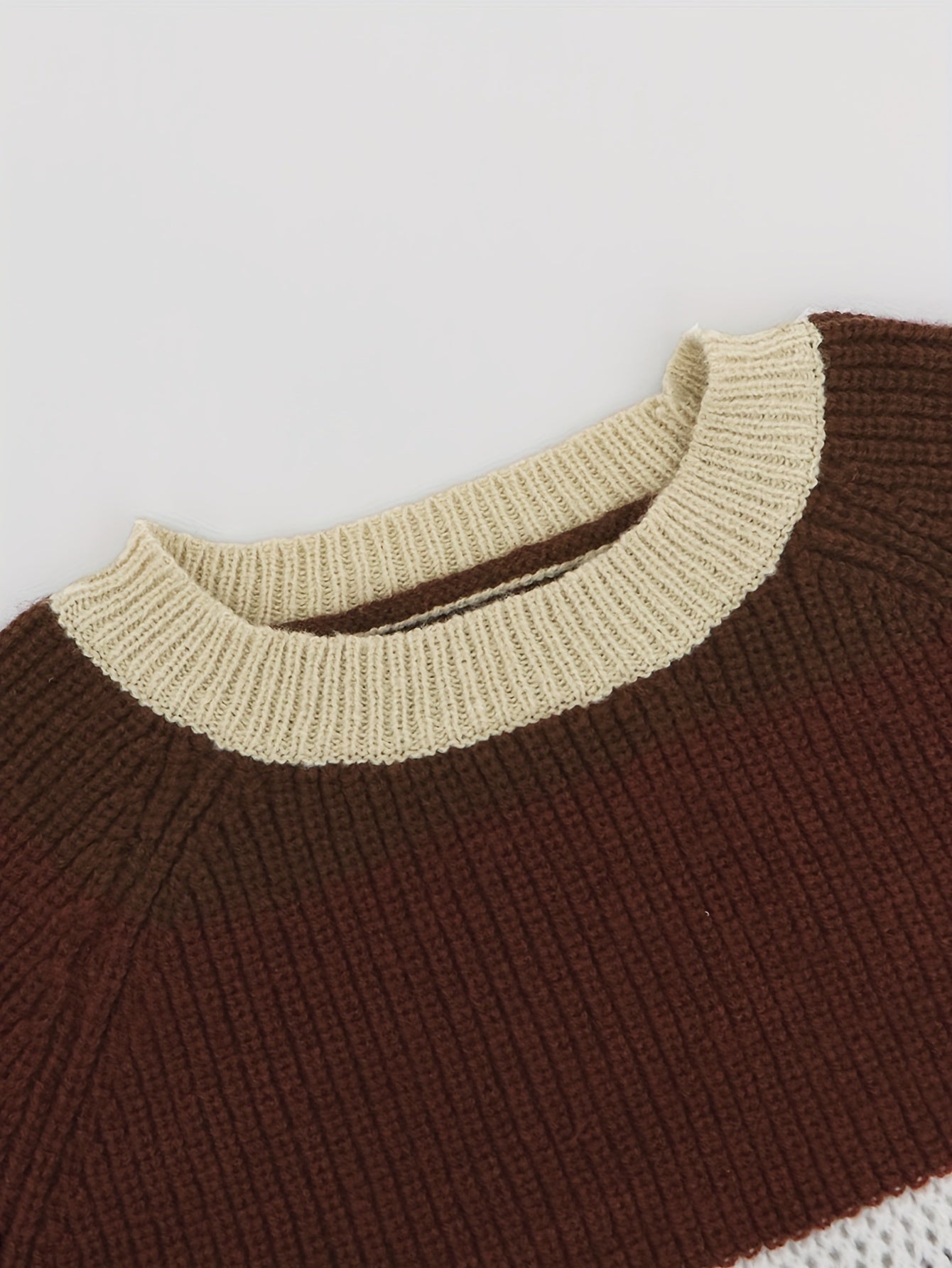Striped Crew Neck Eyelet Crop Sweater Casual Long Sleeve Raglan Shoulder Sweater