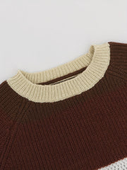 Striped Crew Neck Eyelet Crop Sweater Casual Long Sleeve Raglan Shoulder Sweater