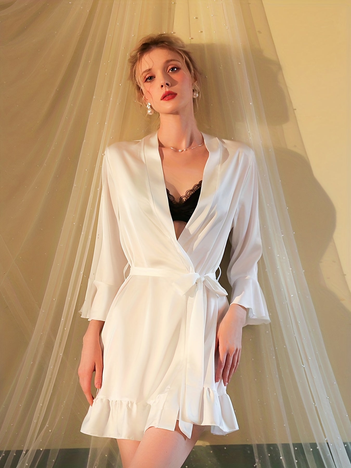 Women's Satin Ruffle Night Robe Long Sleeve V Neck Robe
