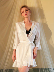 Women's Satin Ruffle Night Robe Long Sleeve V Neck Robe
