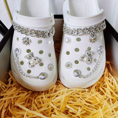 12pcs Hole Shoes Decoration Set Silver Bear Heart Rhinestone Chain