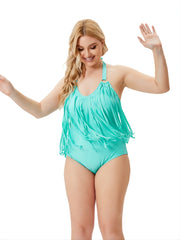 Fringe Trim One Piece Swimsuit Halter Neck Beachwear