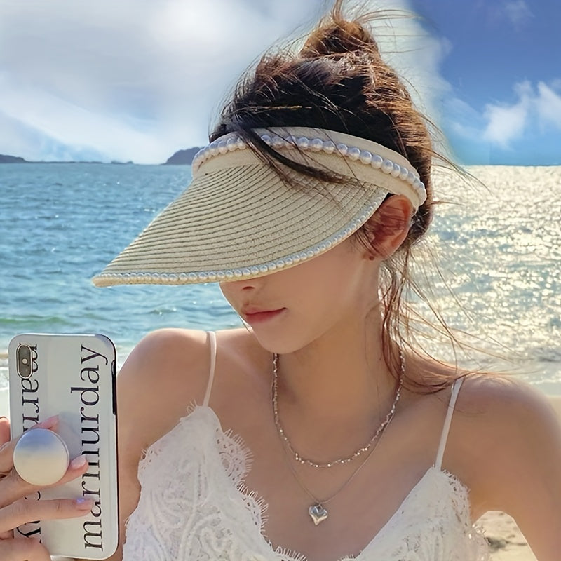 Faux Pearl Decor Visor Hat Solid UV Protection Straw Sun Hat