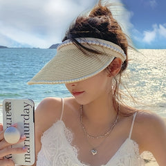 Faux Pearl Decor Visor Hat Solid UV Protection Straw Sun Hat