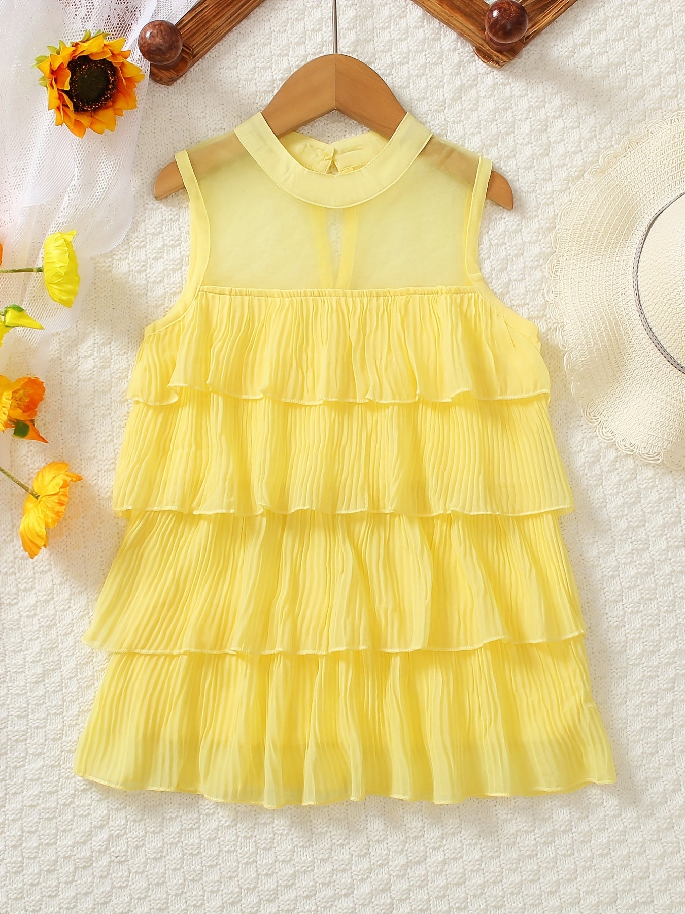 Girls Mesh Neck Layered Stitching Tank Dress For Summer