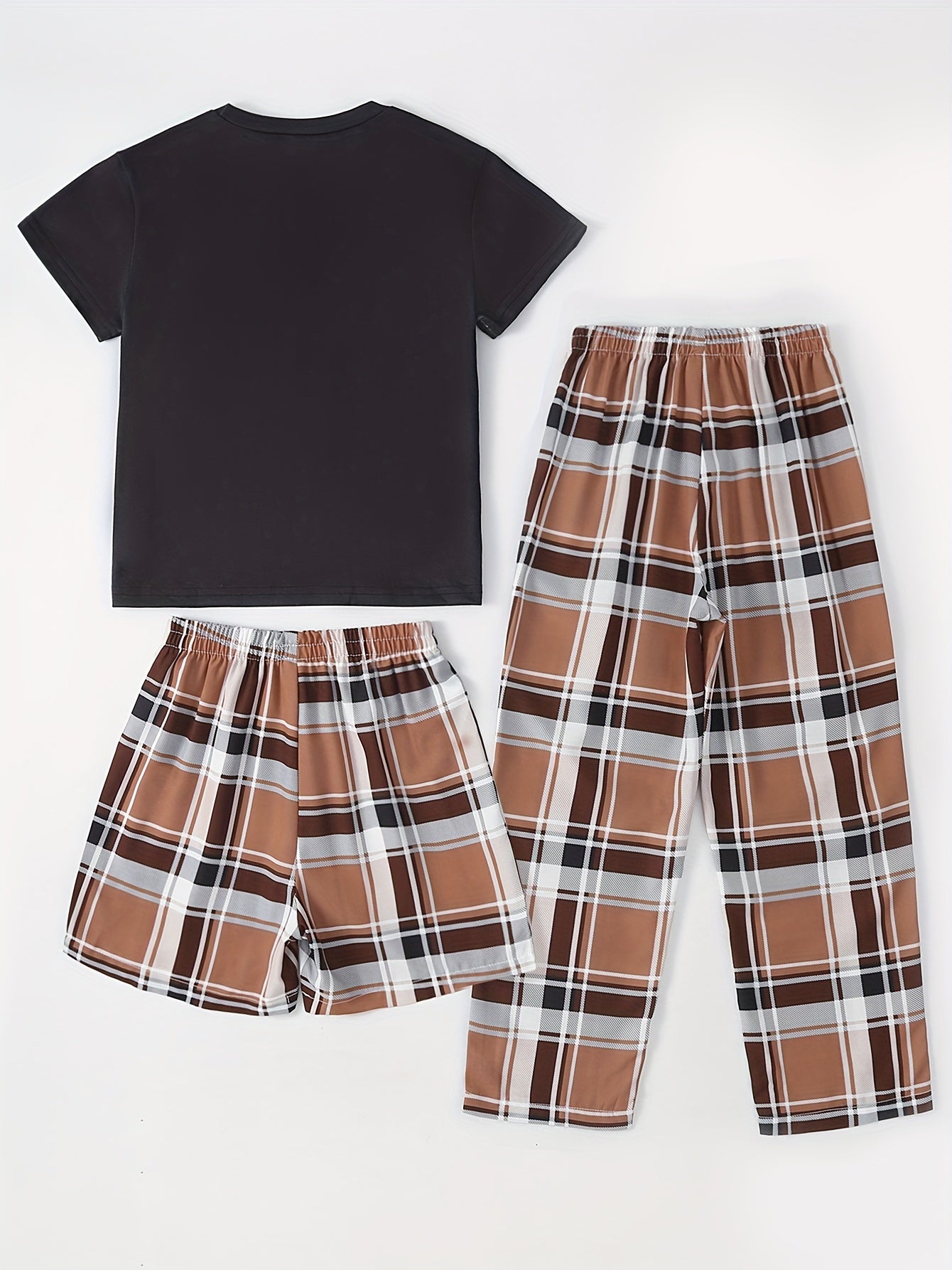 Girls Bear Graphic Pajamas Set, Crew Neck T-Shirt & Plaid Shorts