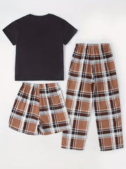 Girls Bear Graphic Pajamas Set, Crew Neck T-Shirt & Plaid Shorts