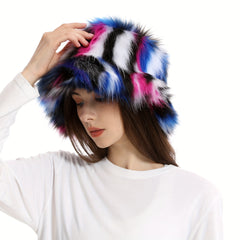 Rainbow Striped Plush Bucket Hat Lightweight Warm Bucket Hat
